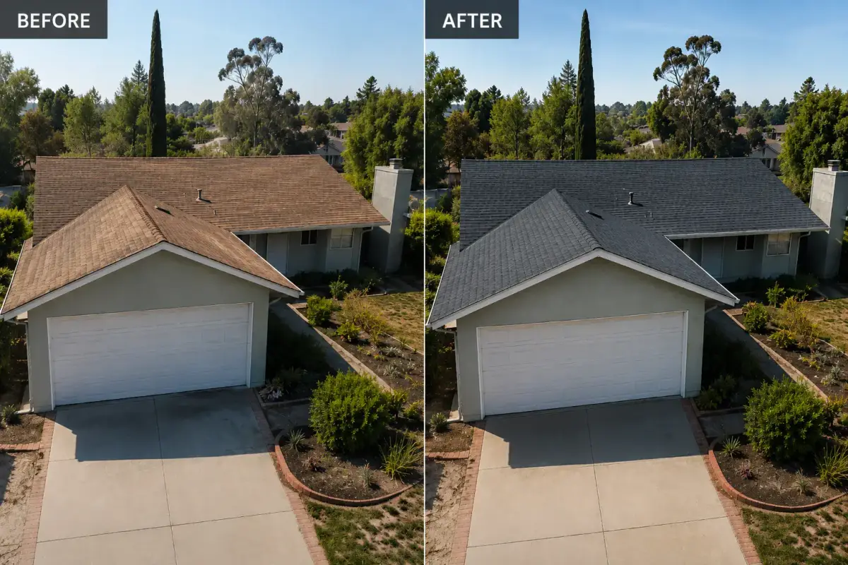 Before and after side-by-side: worn brown shingles on a ranch-style home replaced with fresh dark gray shingles, same front-of-house view